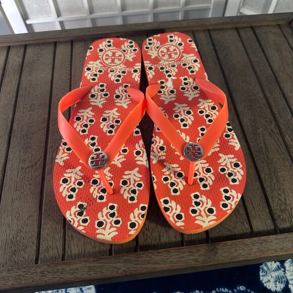 TORY BURCH RUBBER ORANGE THONG FLIP FLAPS SLIDES SANDALS SIZE Large - Picture 1 of 12